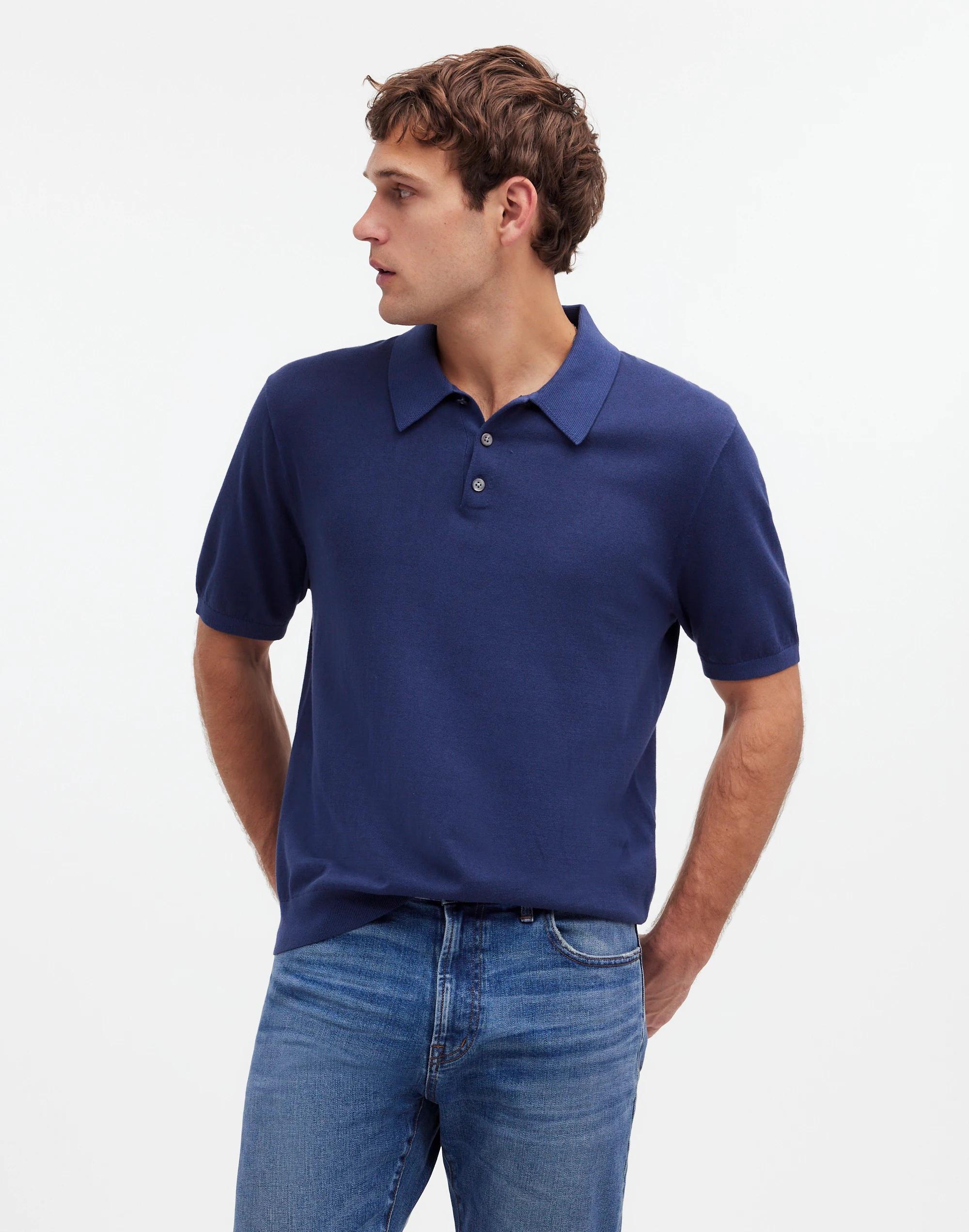 Three-Button Sweater Polo Shirt in Garment Dye Product Image