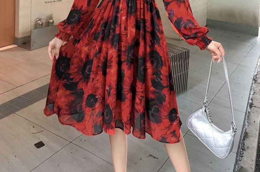 Puff-Sleeve Floral A-Line Dress Product Image