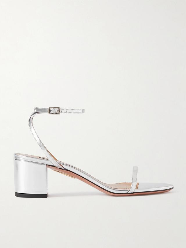 AQUAZZURA Olie 50 Metallic Leather Sandals In Silver Product Image