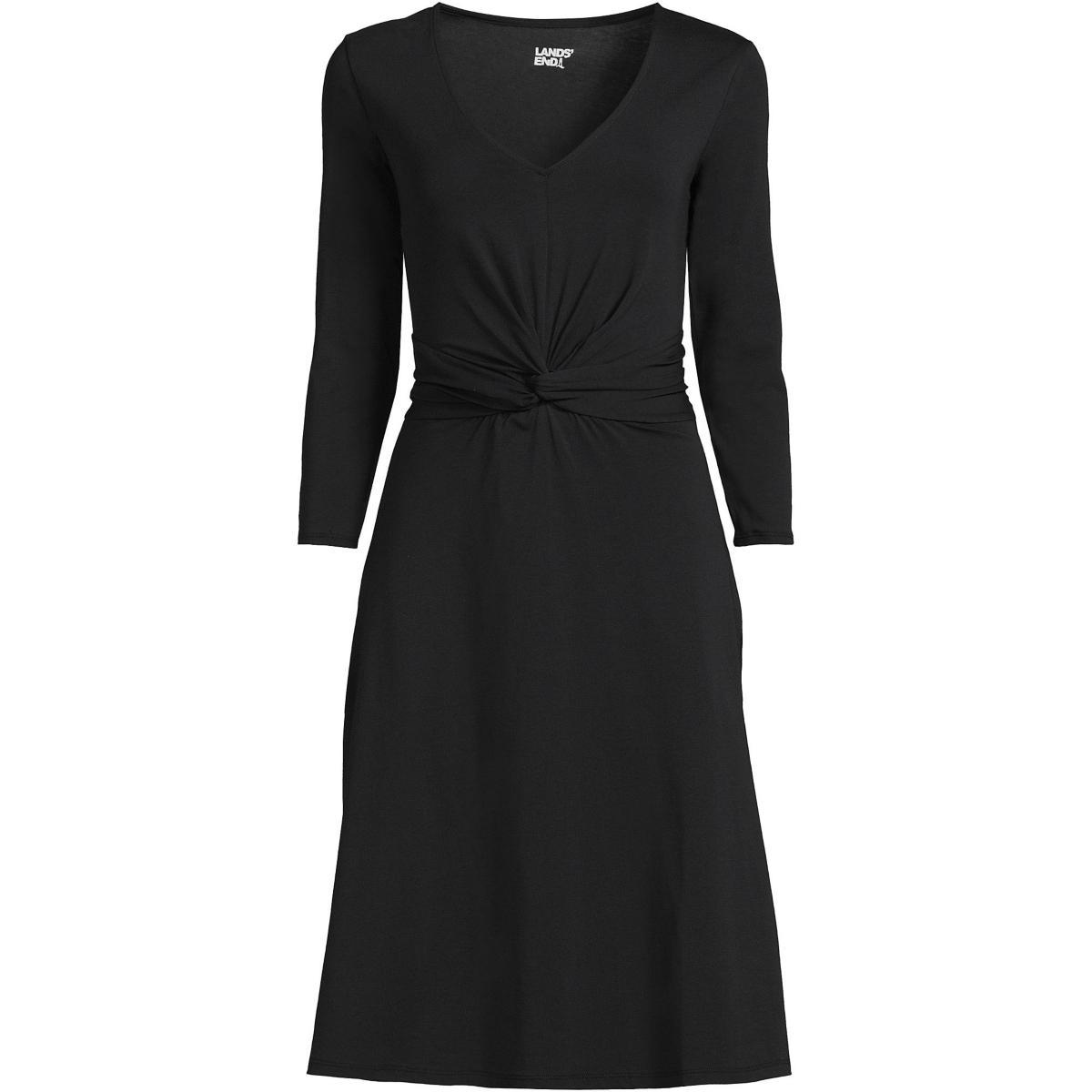 Lands End Womens Plus Size Lightweight Cotton Modal 3/4 Sleeve Fit and Flare V-Neck Dress Product Image