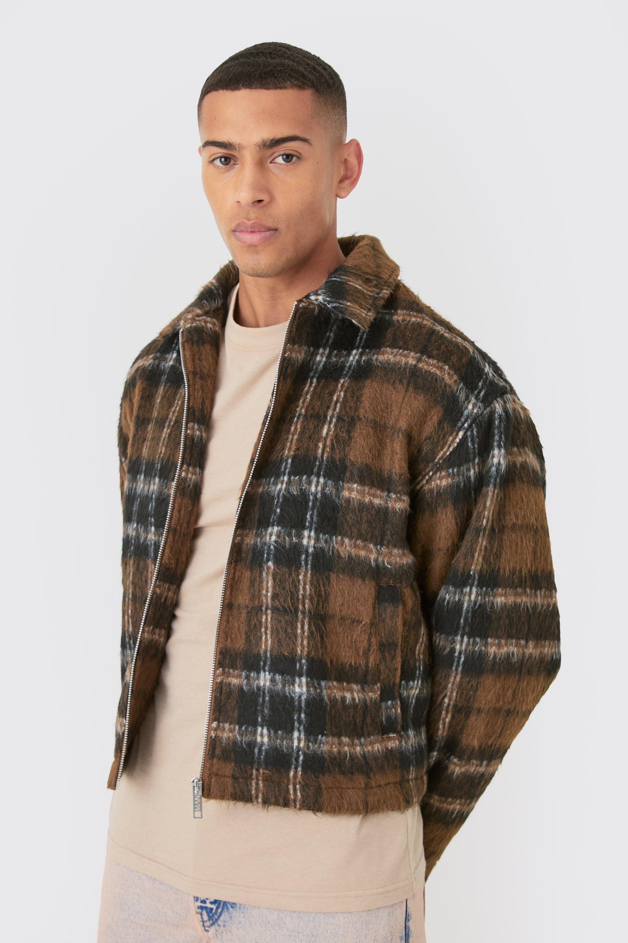 Brushed Check Collared Harrington Jacket In Brown | boohooMAN USA Product Image