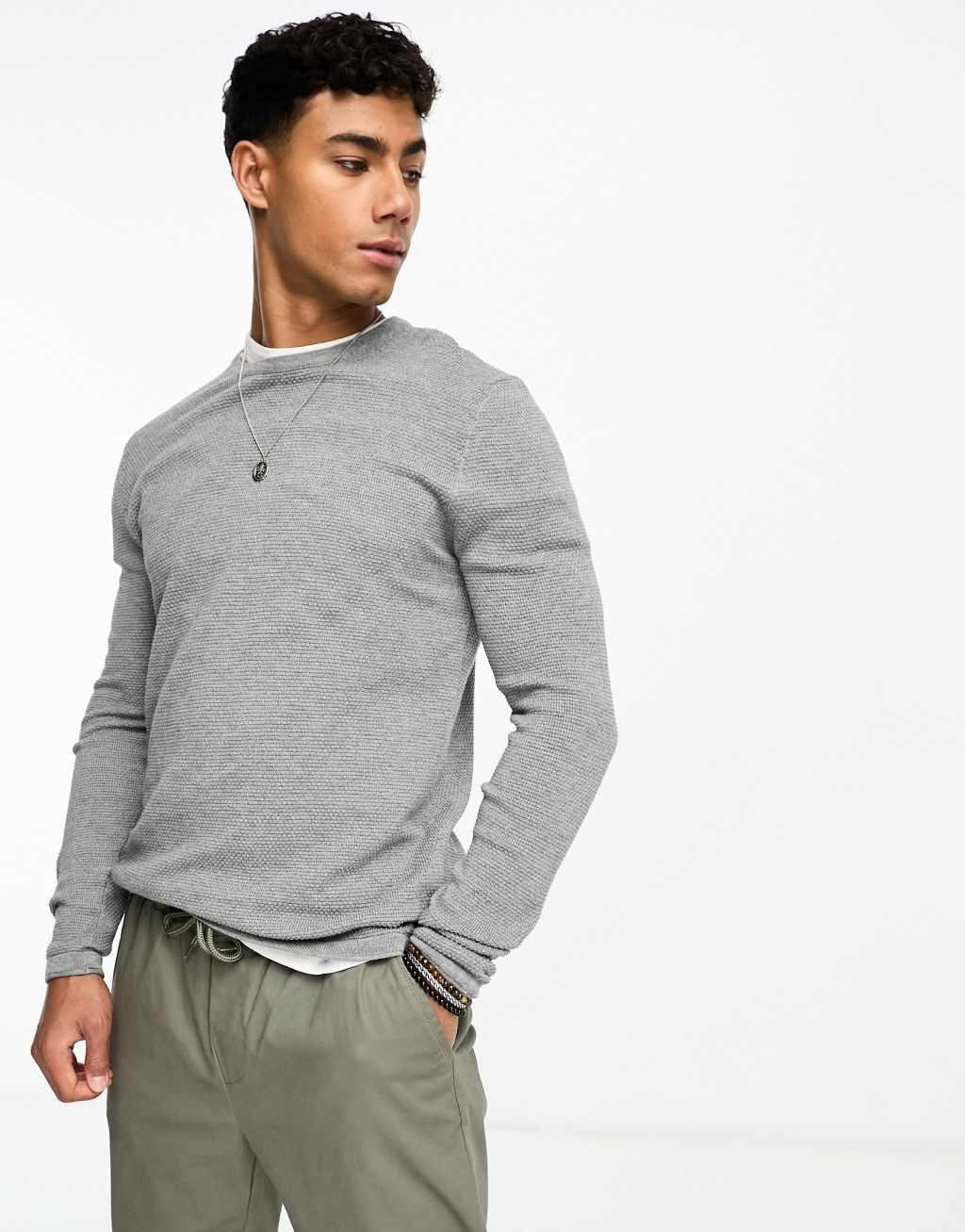 ONLY & SONS crew neck textured knit sweater in gray Product Image