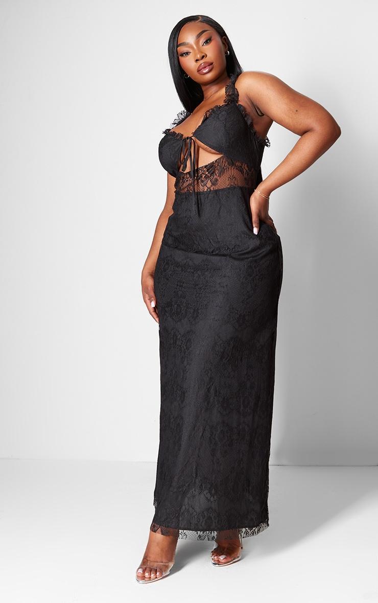 Plus Black Lace Tie Front Bust Detail Maxi Dress Product Image