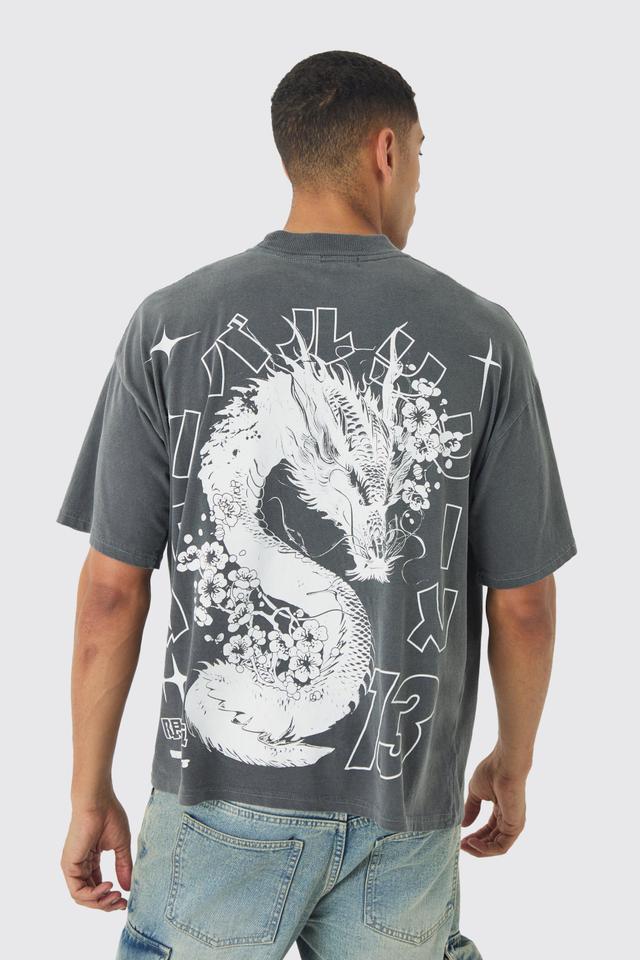 Oversized Large Scale Extended Neck Dragon Wash Print T-Shirt | boohooMAN USA Product Image