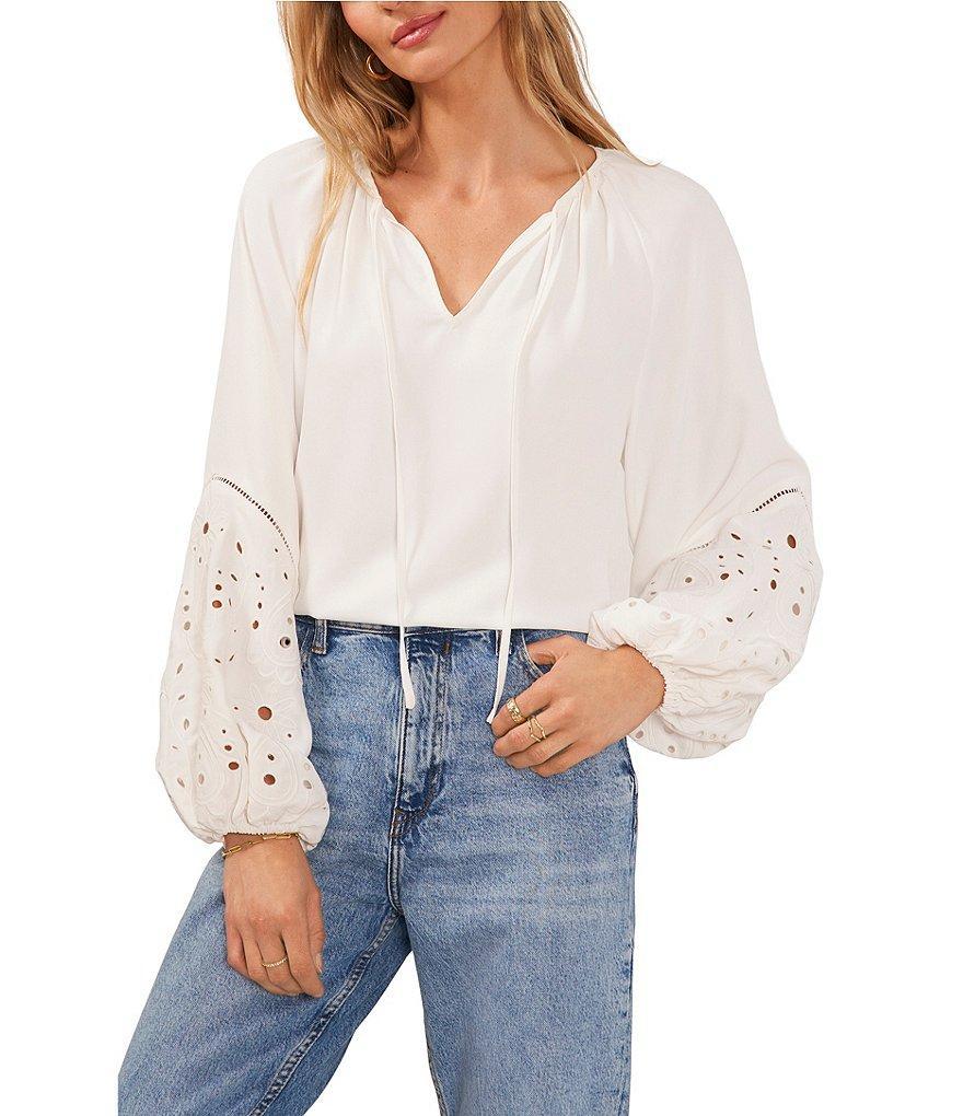 Vince Camuto Tie Front V-Neck Eyelet Detail Long Sleeve Blouse Product Image