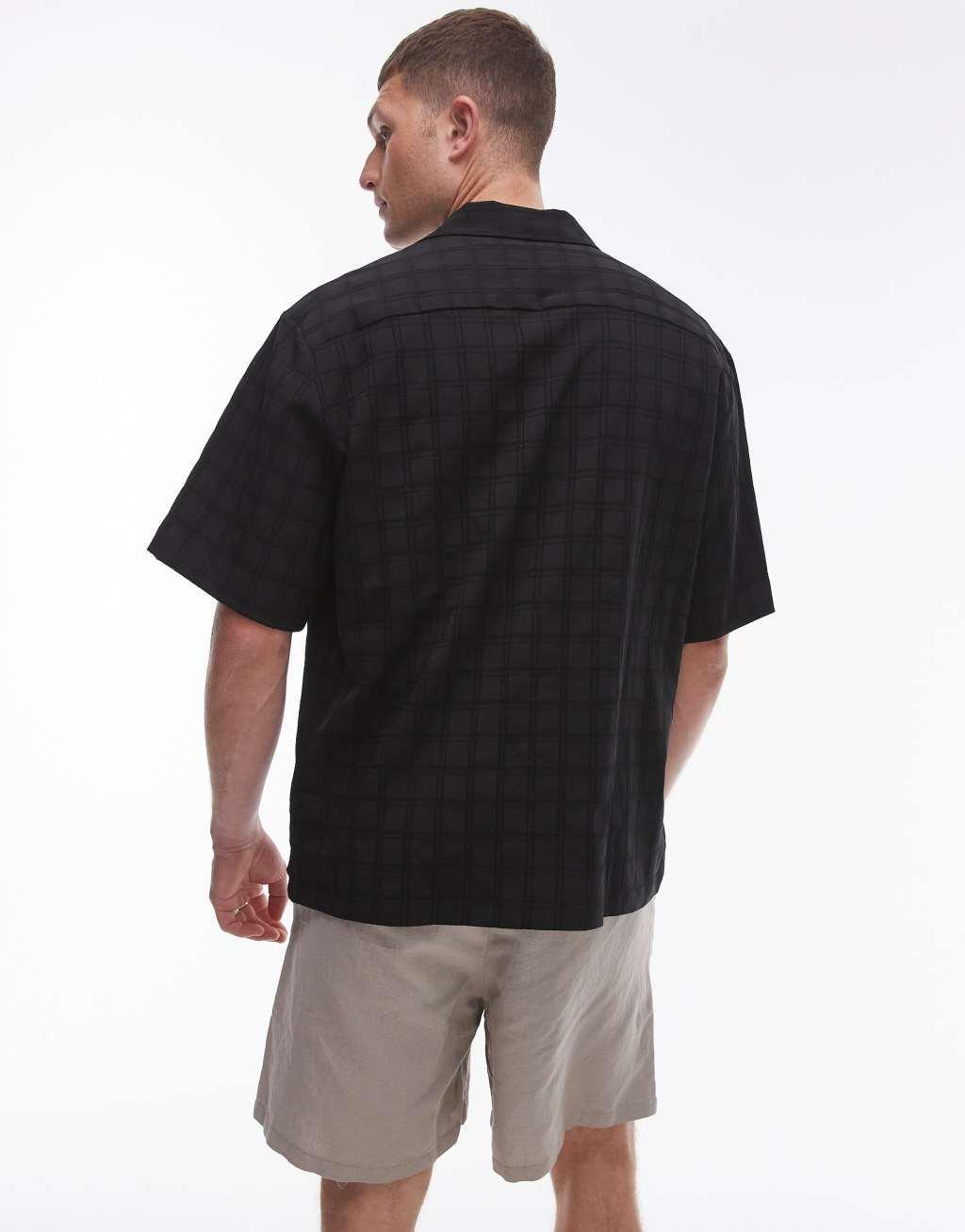 Topman short sleeve textured grid shirt in black Product Image