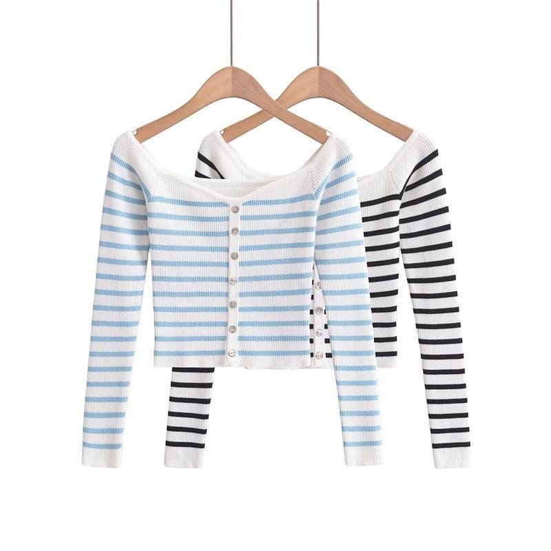 Long-Sleeve Boat Neck Striped Button Crop Knit Top Product Image