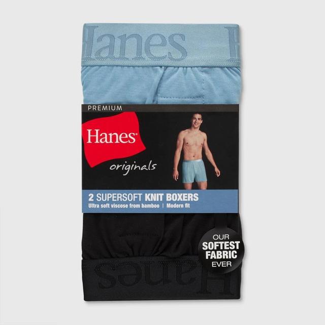 Hanes Originals Premium Men's SuperSoft Knit Boxer Shorts 2pk - Blue/Black L Product Image