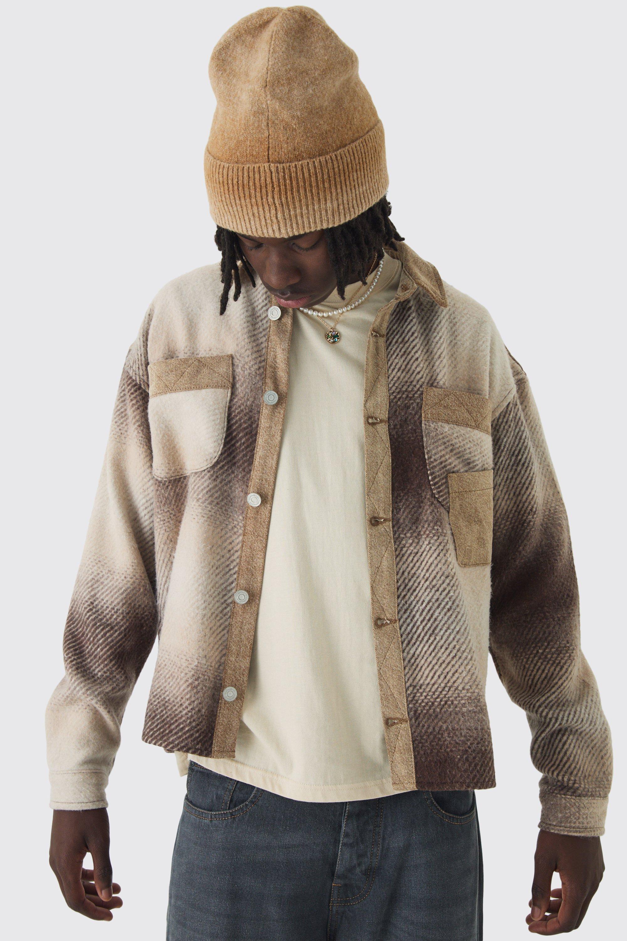 Mens Beige Oversized Denim Checked Quilted Overshirt, Beige Product Image