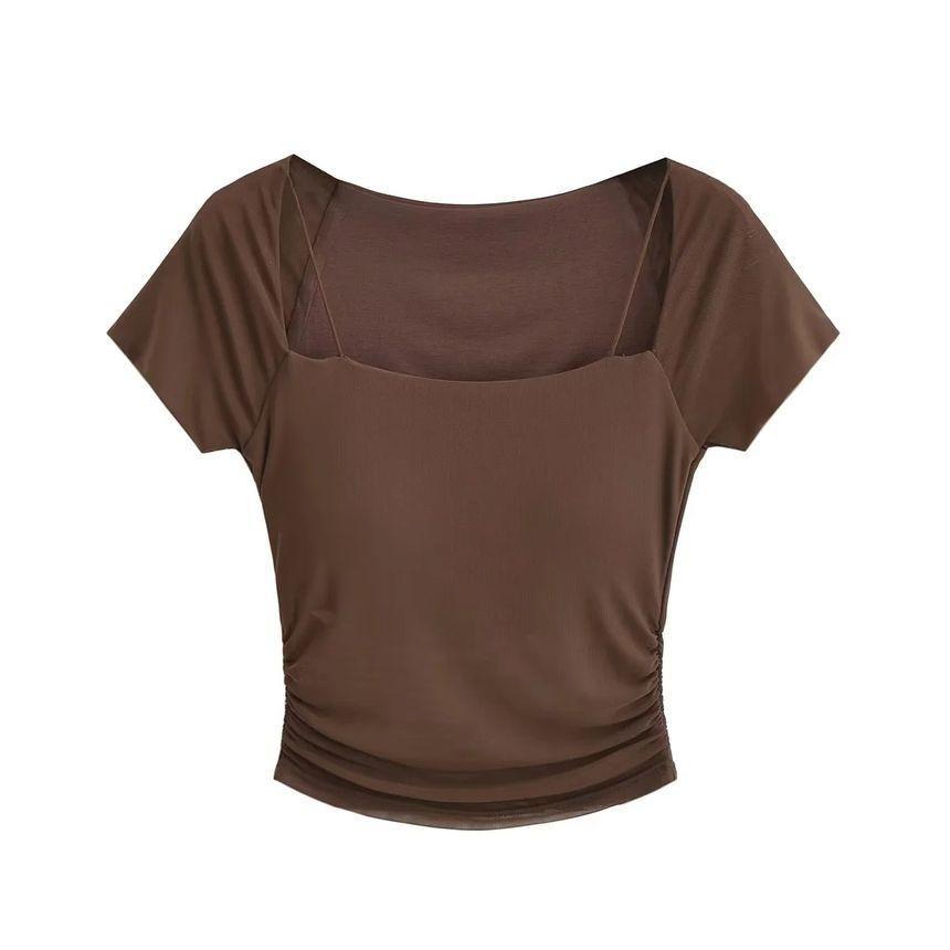 Short-Sleeve Square Neck Plain Ruched Panel Mesh Crop Top Product Image