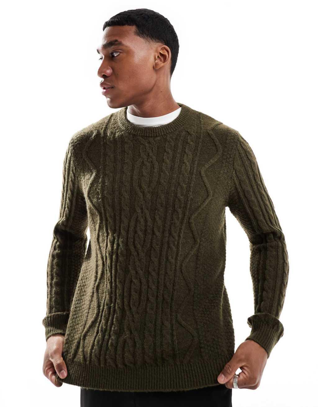 ASOS DESIGN heavyweight cable knit crew neck sweater in khaki Product Image