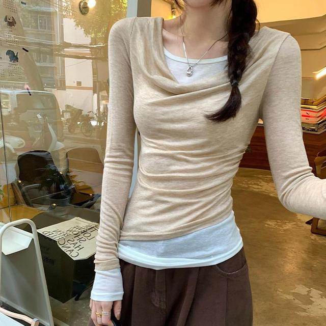 Long Sleeve Cowl Neck Mock Two Piece Color-Block Slim-Fit Top Product Image