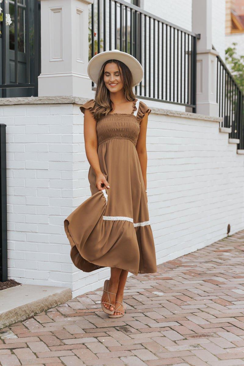 Brown Contrast Flutter Sleeve Midi Dress Female Product Image