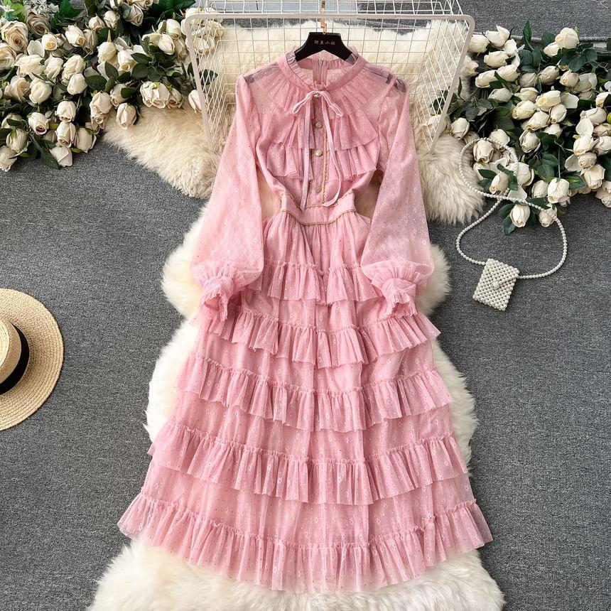 Long-Sleeve Bow Tiered Mesh Midi A-Line Dress Product Image