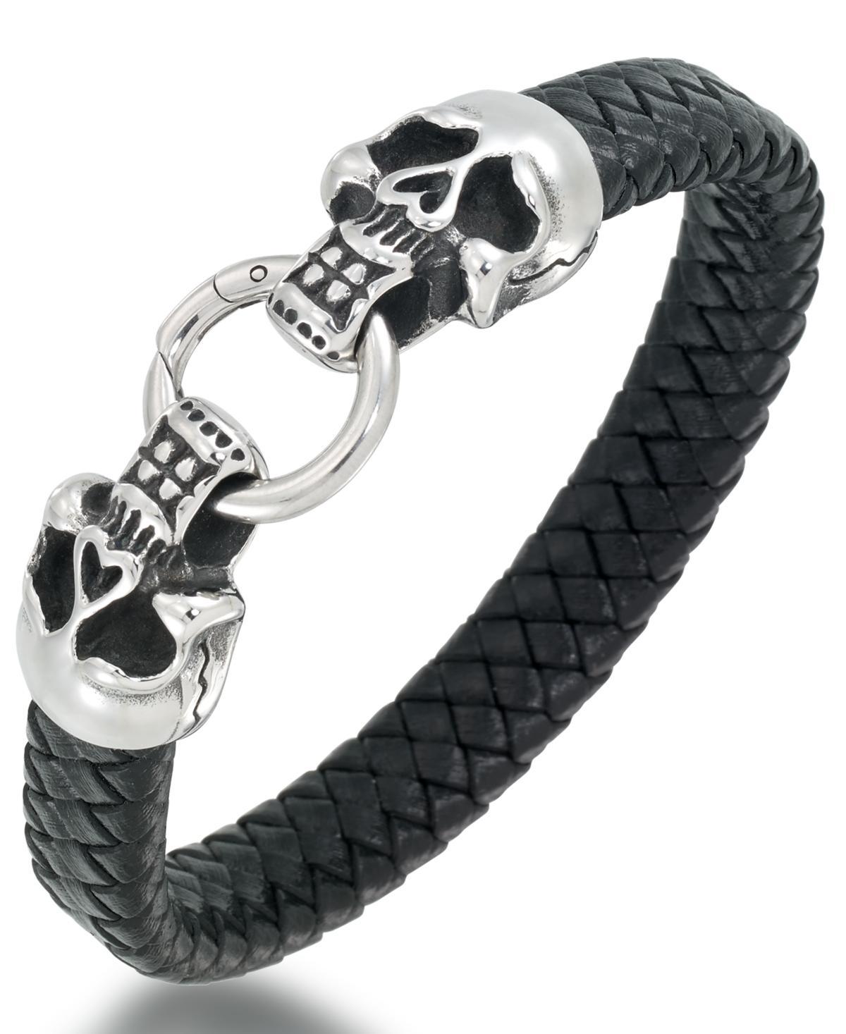 Andrew Charles by Andy Hilfiger Mens Leather Skull Head Bracelet in Stainless Steel Product Image