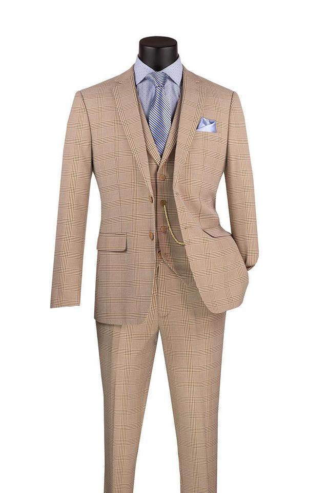 Slim Fit Suit Windowpane 3 Piece with Vest in Beige Product Image