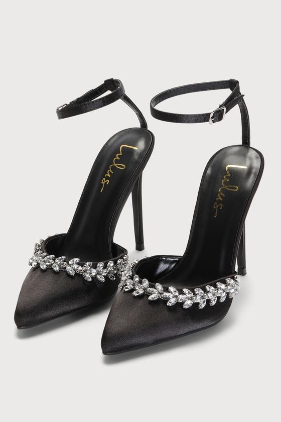 Gluray Black Satin Rhinestone Pointed-Toe Pumps Product Image