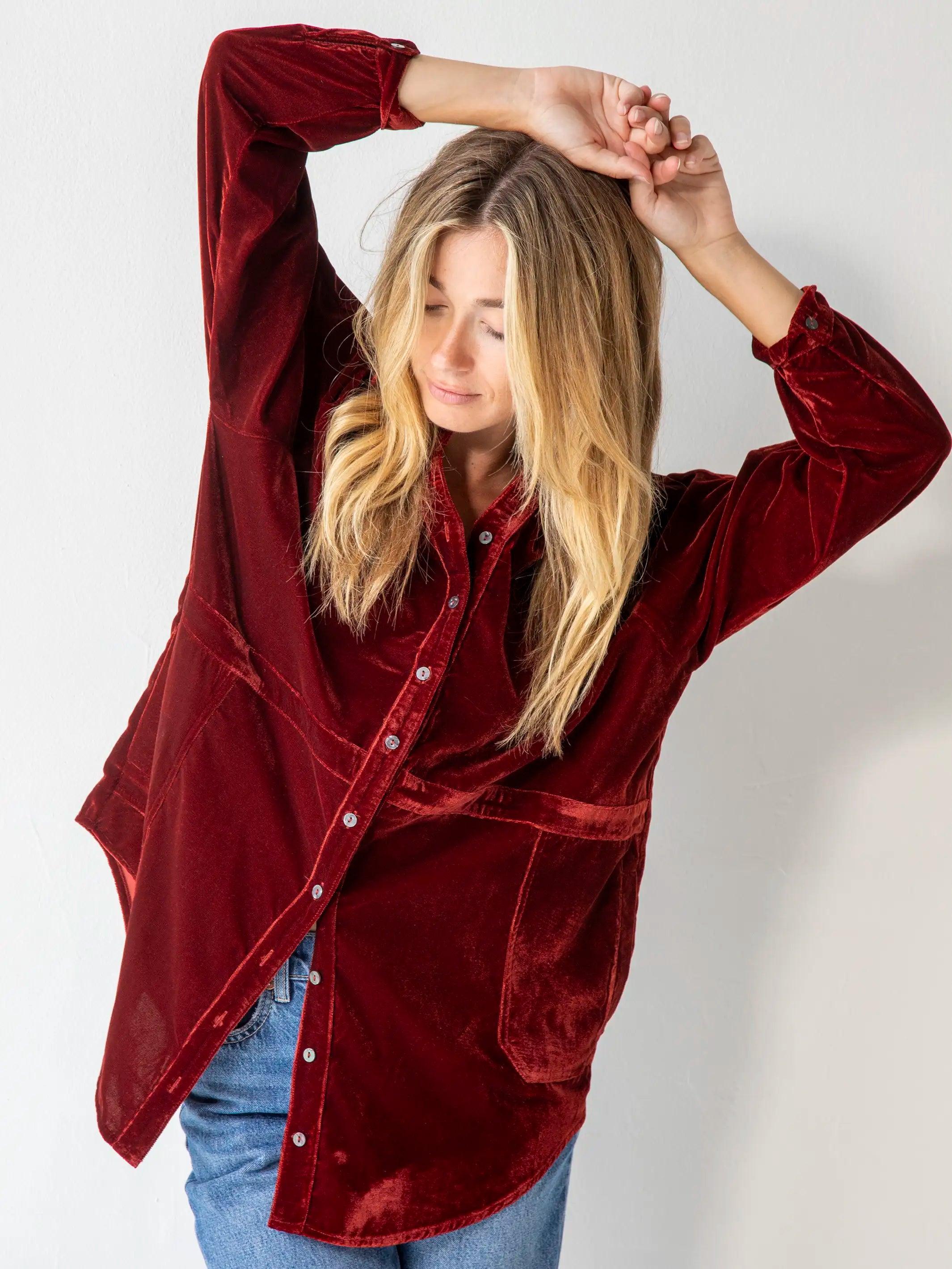 Laid Back Velvet Button Down - Rust Product Image