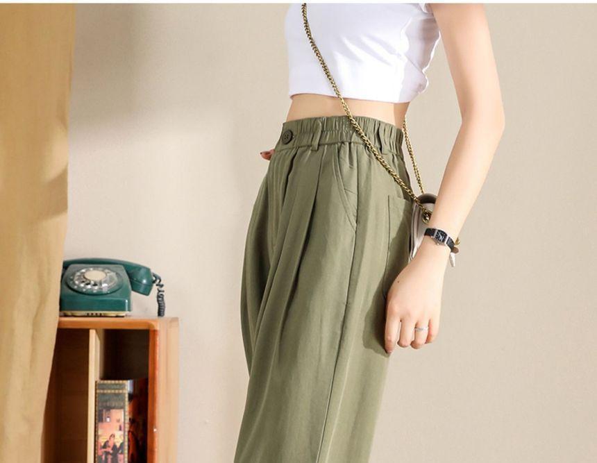 Elastic High Waist Plain Button-Fly Crop Tapered Pants Product Image