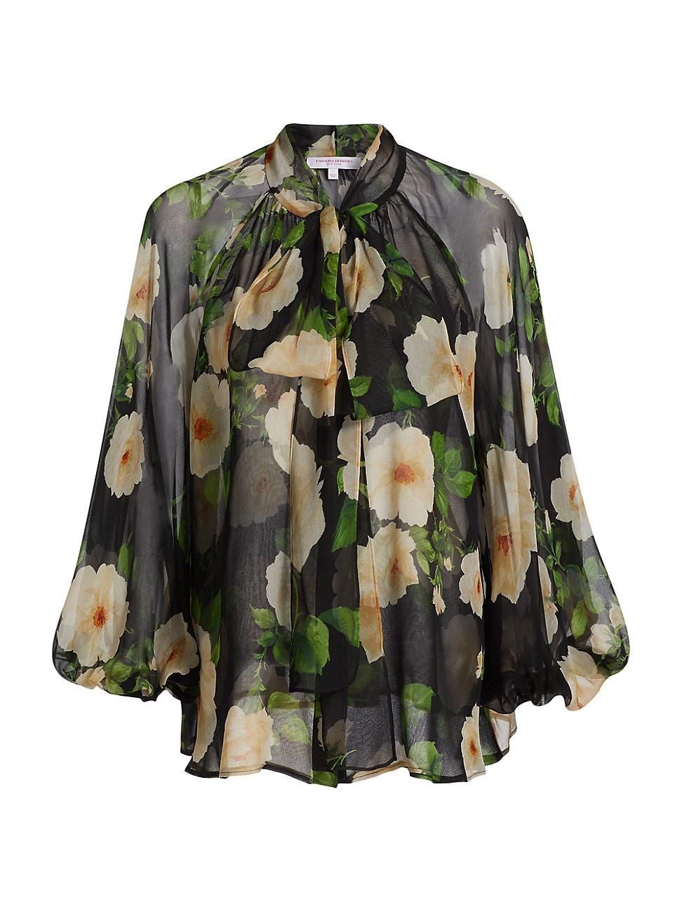 Womens Floral Silk Tie-Neck Blouse Product Image