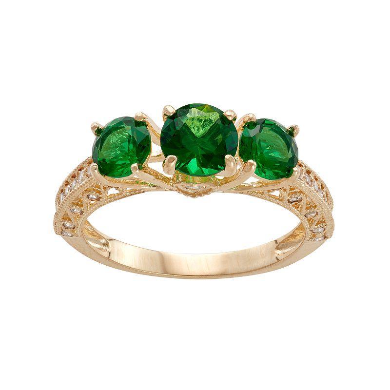 Designs by Gioelli 10k Gold Simulated Emerald & Lab-Created White Sapphire 3-Stone Ring, Womens Green Product Image