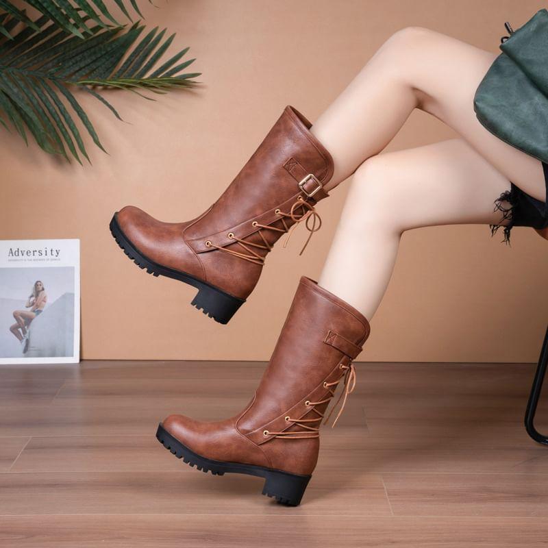 Block Heel Lace Up Mid calf Boots product image