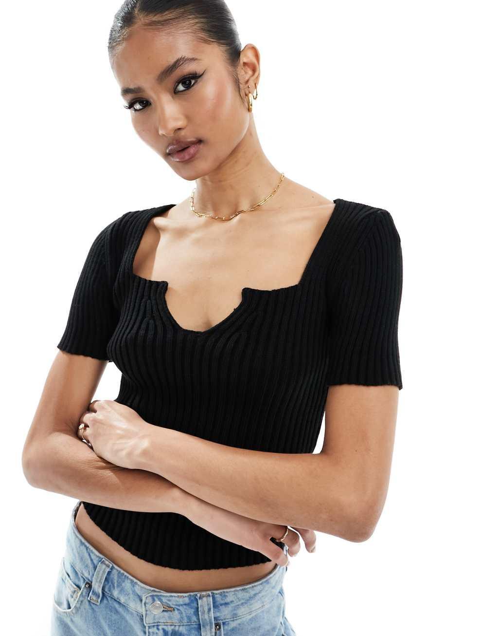 Fashionkilla knit v neck top in black product image