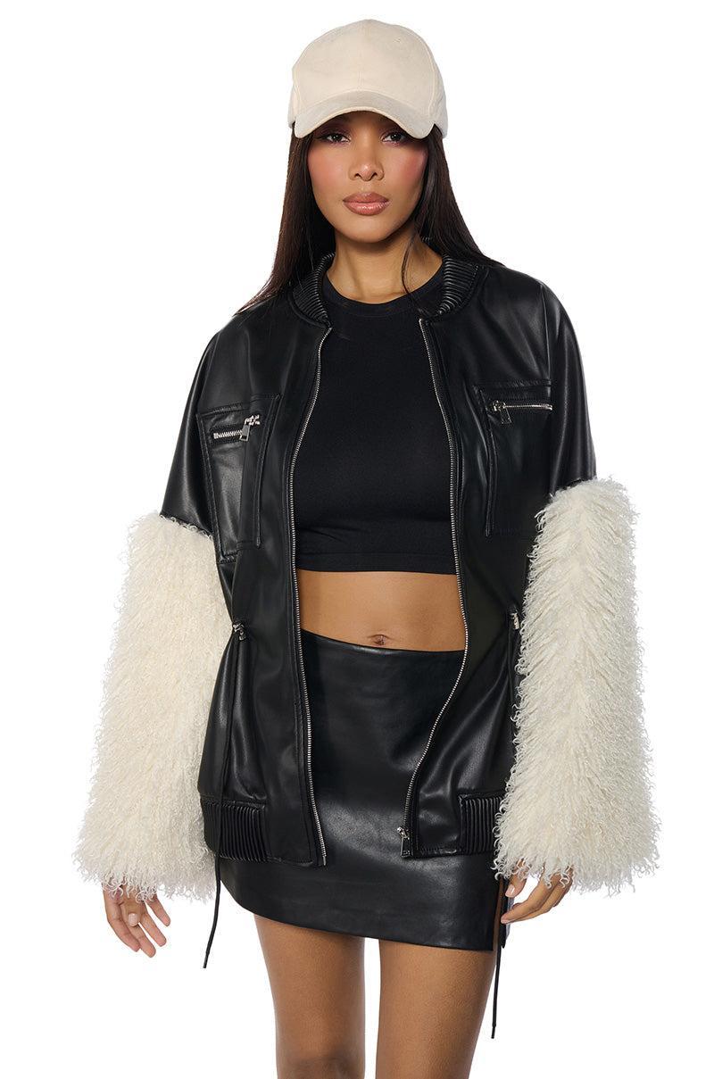 A LITTLE BIT MORE PU JACKET WITH FAUX FUR SLEEVES AND CINCHED WAIST DETAILING product image