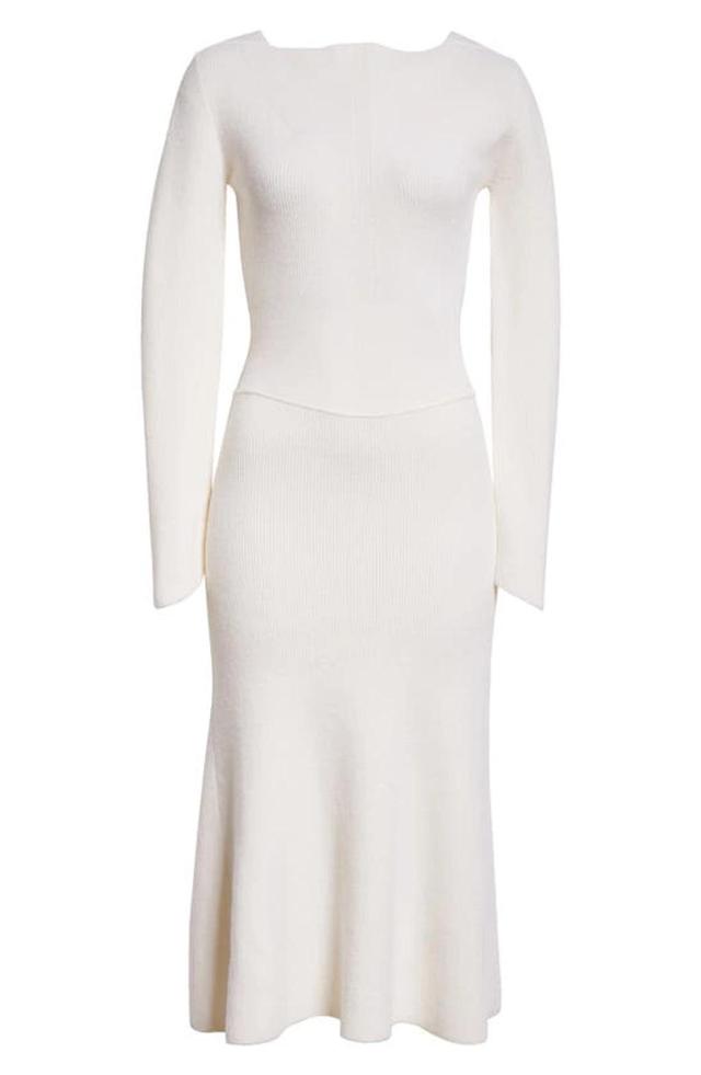 Circle Panel Ribbed Wool Midi Dress In White Product Image