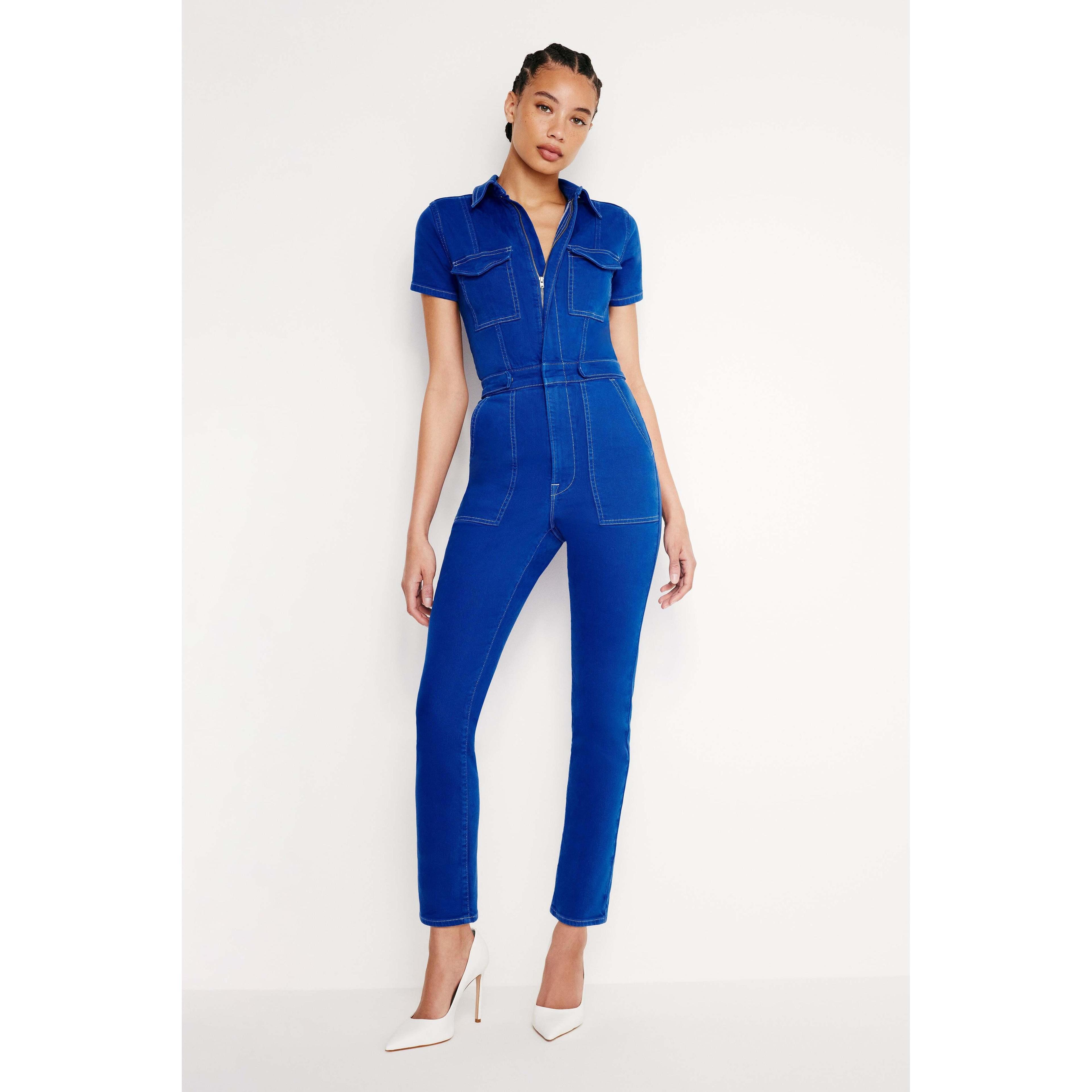 Womens Fit For Success Light Compression Denim Jumpsuit | Wave Blue, | Hidden Front Zipper Closure, Breast Pockets Size 4XL | G Product Image