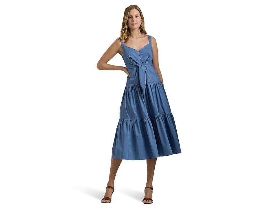 LAUREN Ralph Lauren Cotton-Blend Tie-Front Tiered Dress (Pale Azure) Women's Dress Product Image