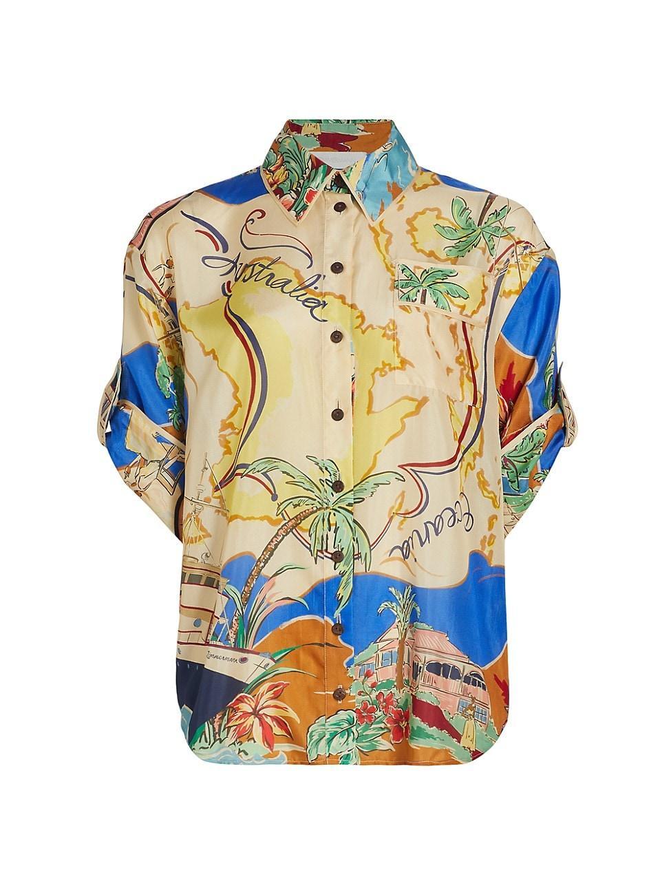 Zimmermann Alight Map Print Silk Button-Up Shirt Product Image