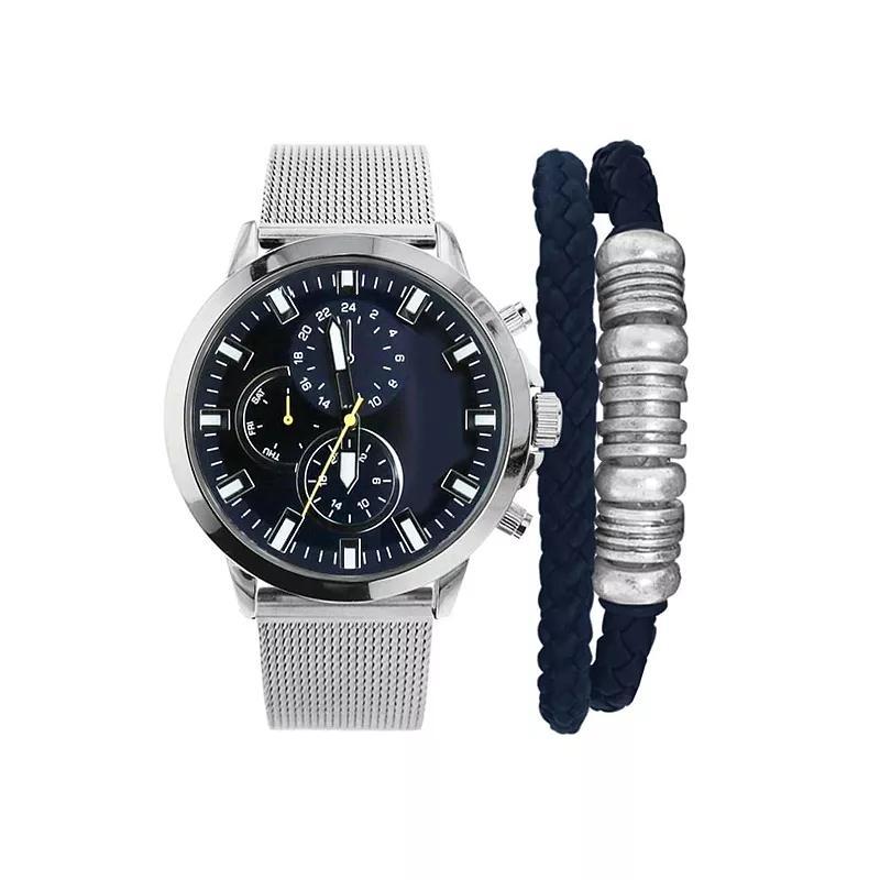 American Exchange Mens Silver Tone Chronograph Watch & 2-pc Stackable Bracelet Set, Blue Product Image