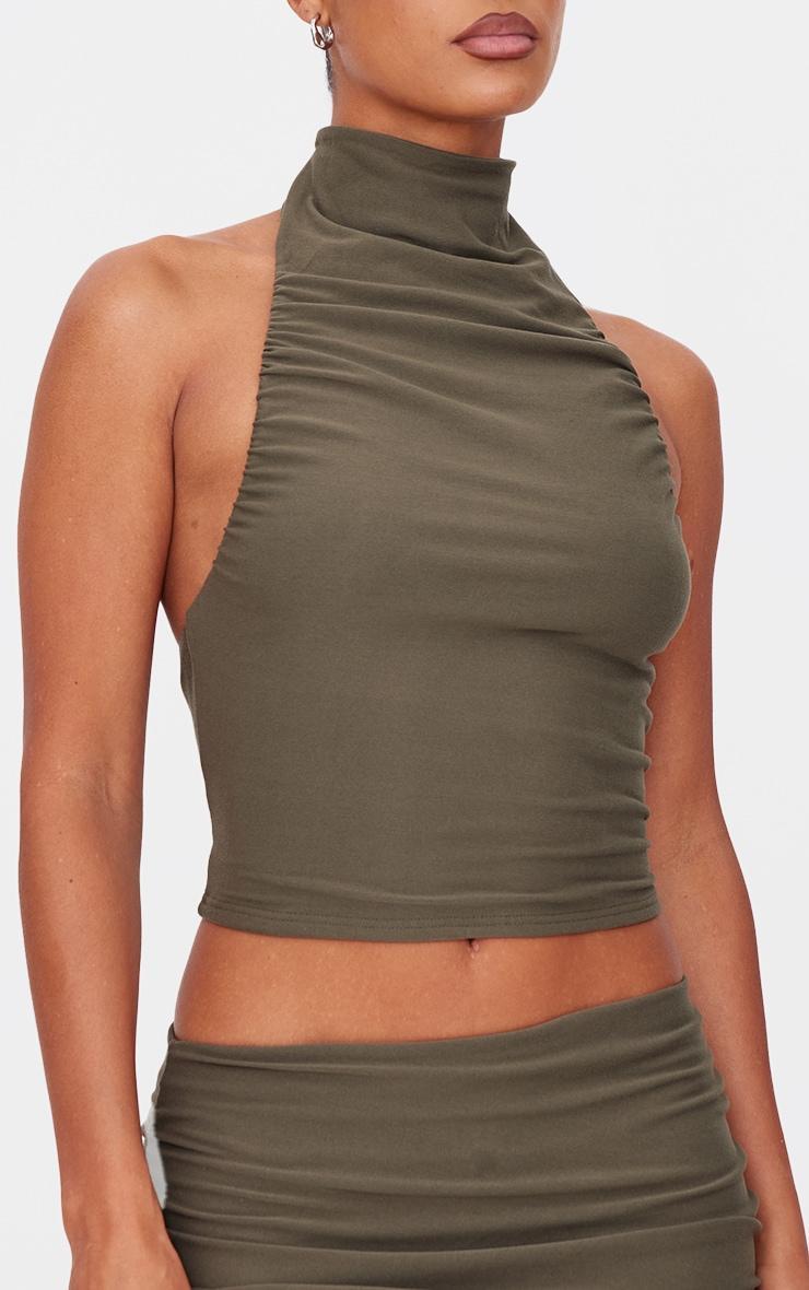 Khaki Soft Touch Ruched Halter Crop Top Product Image