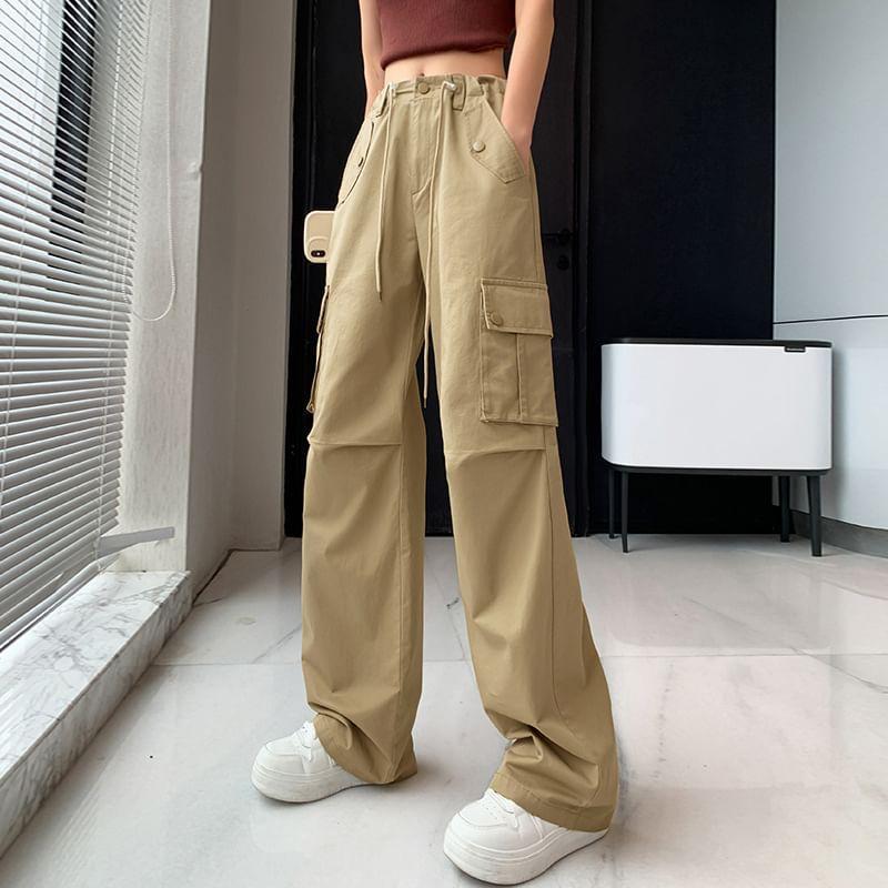 High-Rise Drawstring Straight Leg Cargo Pants Product Image