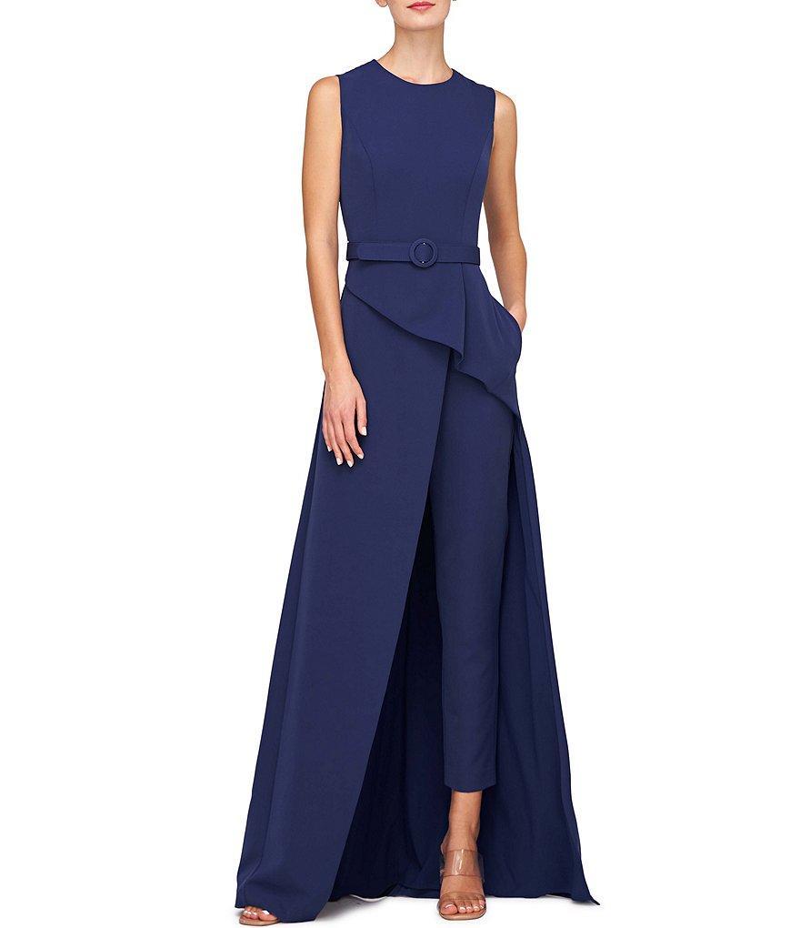 Kay Unger Owen Stretch Crepe Crew Neck Sleeveless Drape Ruffle Belted Straight Leg Walkthrough Gown Product Image