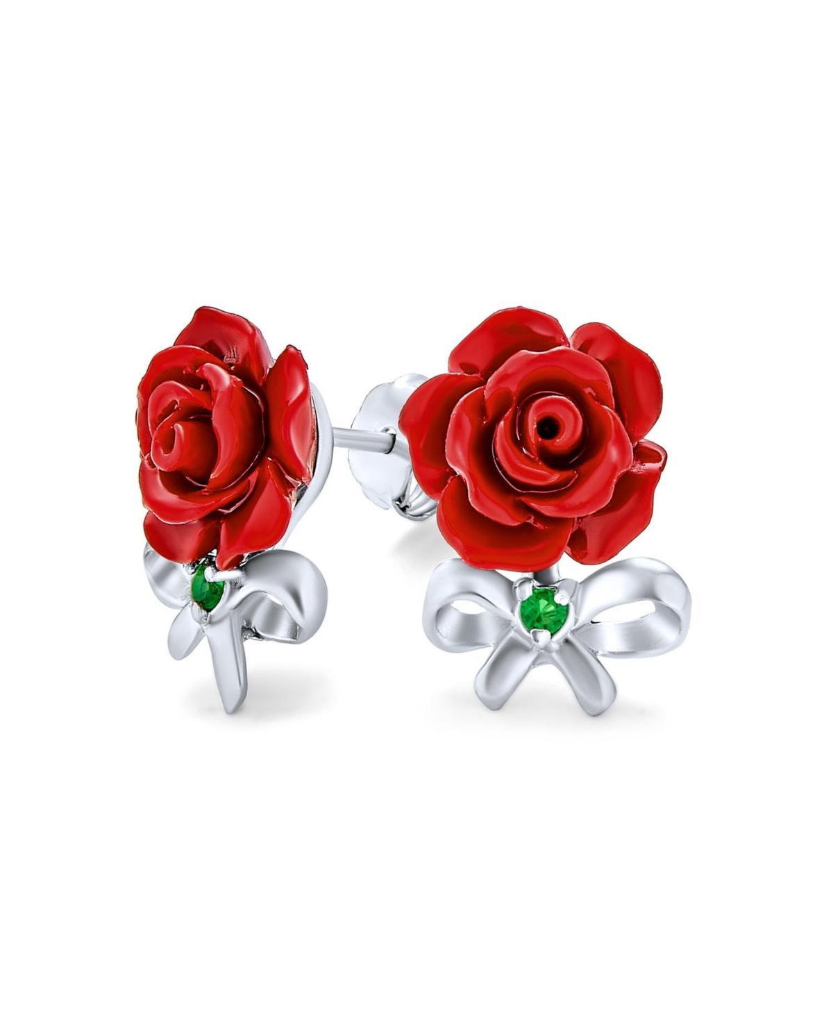 Romantic Delicate Floral Blooming Flower Emerald Green Cz Bow Ribbon 3D carved Red Rose Stud Earrings For Women For Teen .925 Sterling Silver Product Image