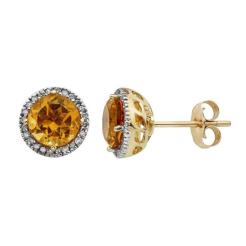 Citrine 10K Gold and 1/8 Carat T.W. Diamond Round-Cut Halo Stud Earrings, Womens, Orange Product Image