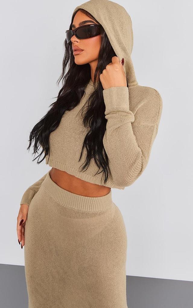 Petite Oatmeal Hooded Long Sleeve Knitted Crop Top Product Image