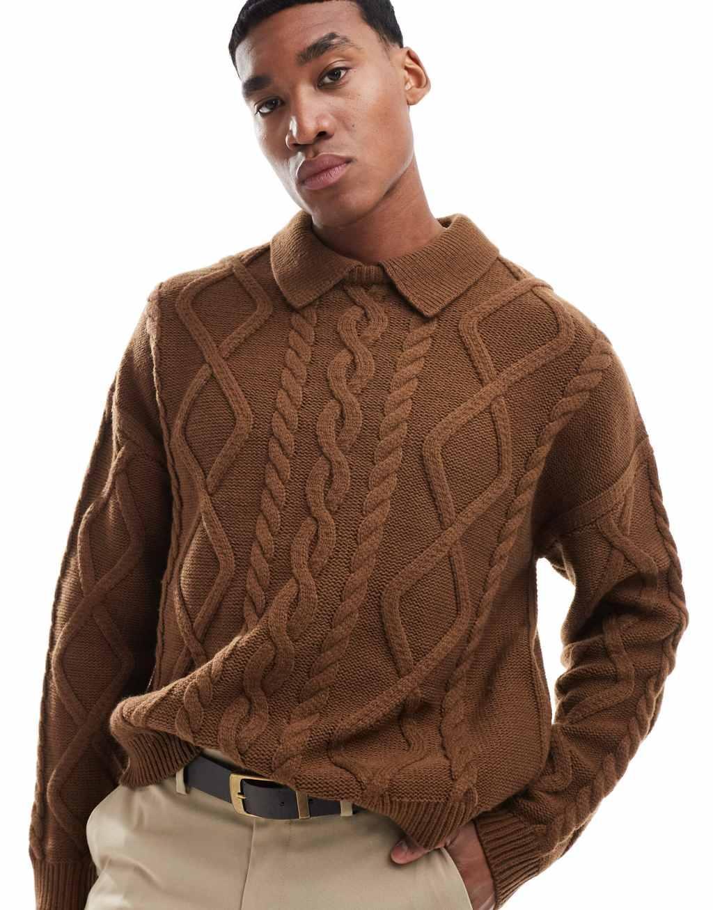 ASOS DESIGN oversized boxy fit heavyweight knitted wool mix cable sweater with collar in brown heather Product Image