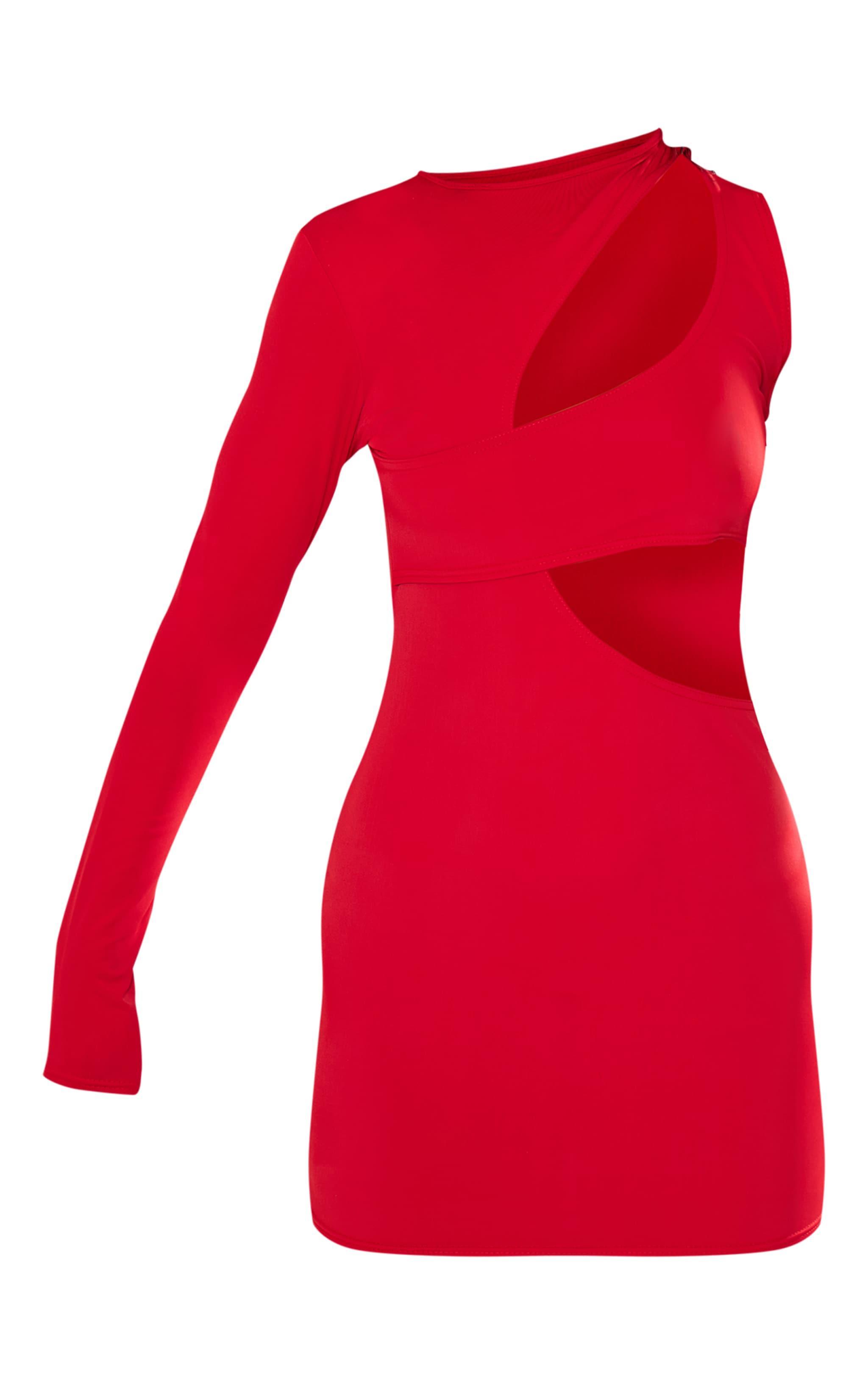 Red Slinky Extreme Cut Out One Sleeve Mini Dress Product Image