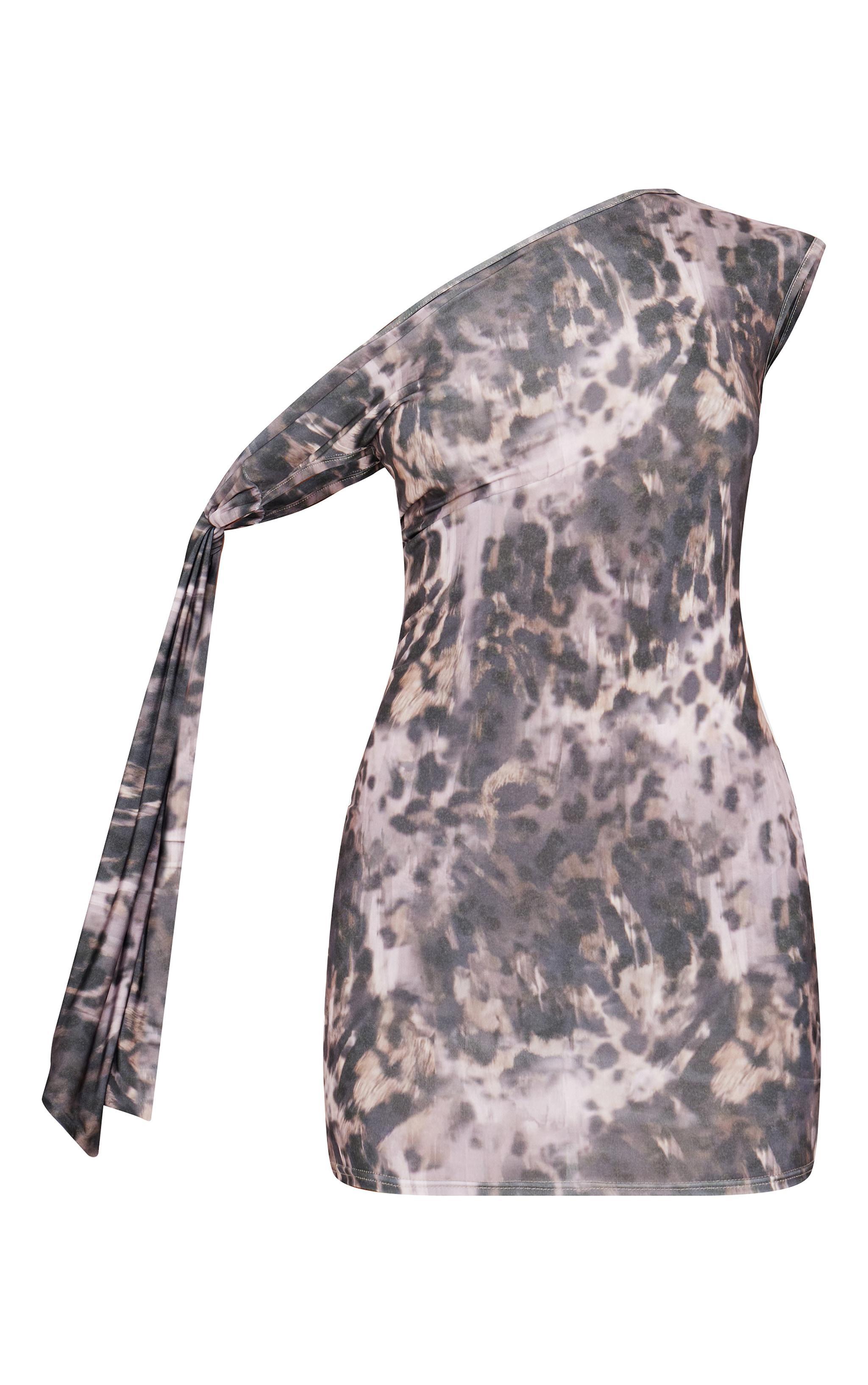 Leopard Slinky Asymmetric Tie Shoulder Mini Dress Product Image