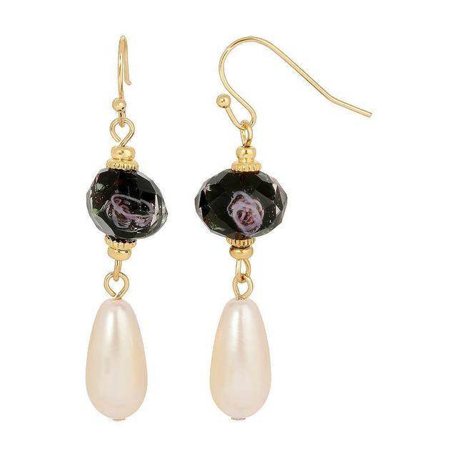 1928 Gold Tone Simulated Crystal and Pearl Drop Earrings, Womens, Black Product Image