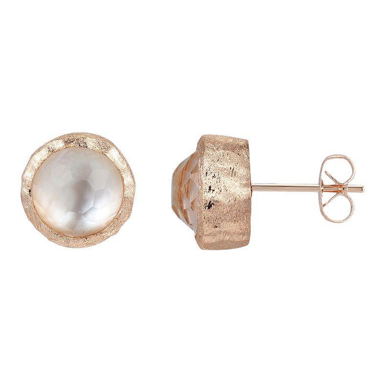 18k Rose Gold Over Silver Mother-of-Pearl Doublet Hammered Stud Earrings, Womens, White Product Image