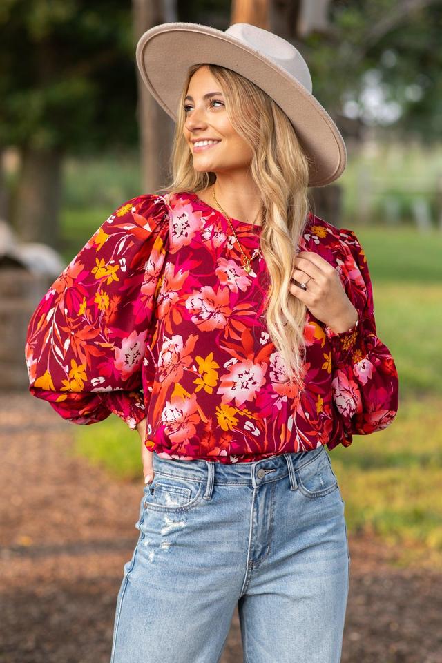 Burgundy and Orange Floral Smocked Cuff Top Product Image