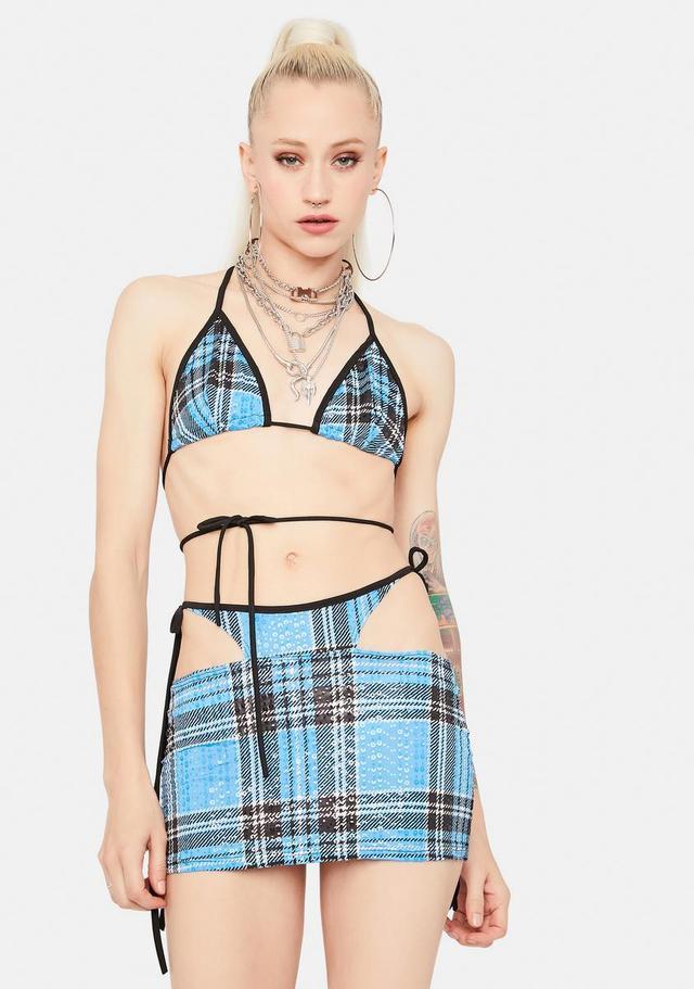 Triangle Bra Top & Thong Skirt Set - Plaid Blue Product Image