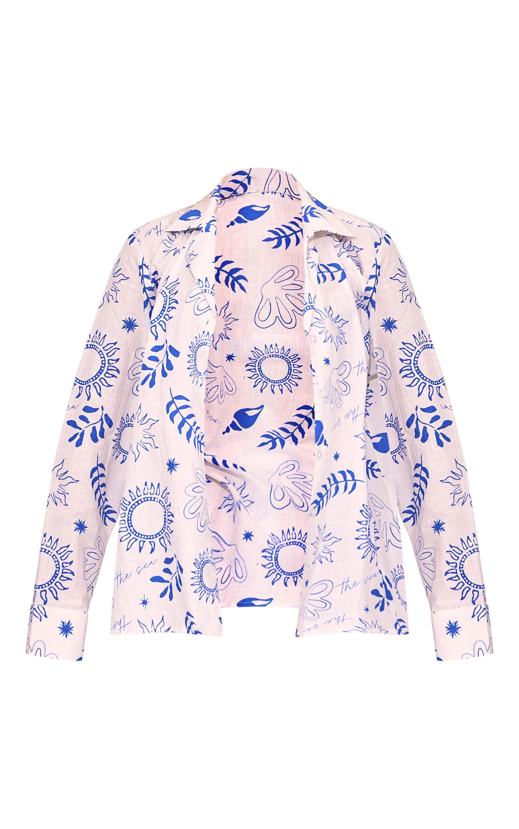 White Sea Print Oversized Long Sleeve Beach Shirt Product Image