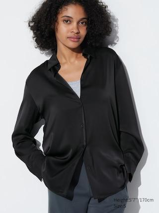 Womens Satin Blouse Long-Sleeve Black Small UNIQLO US Product Image