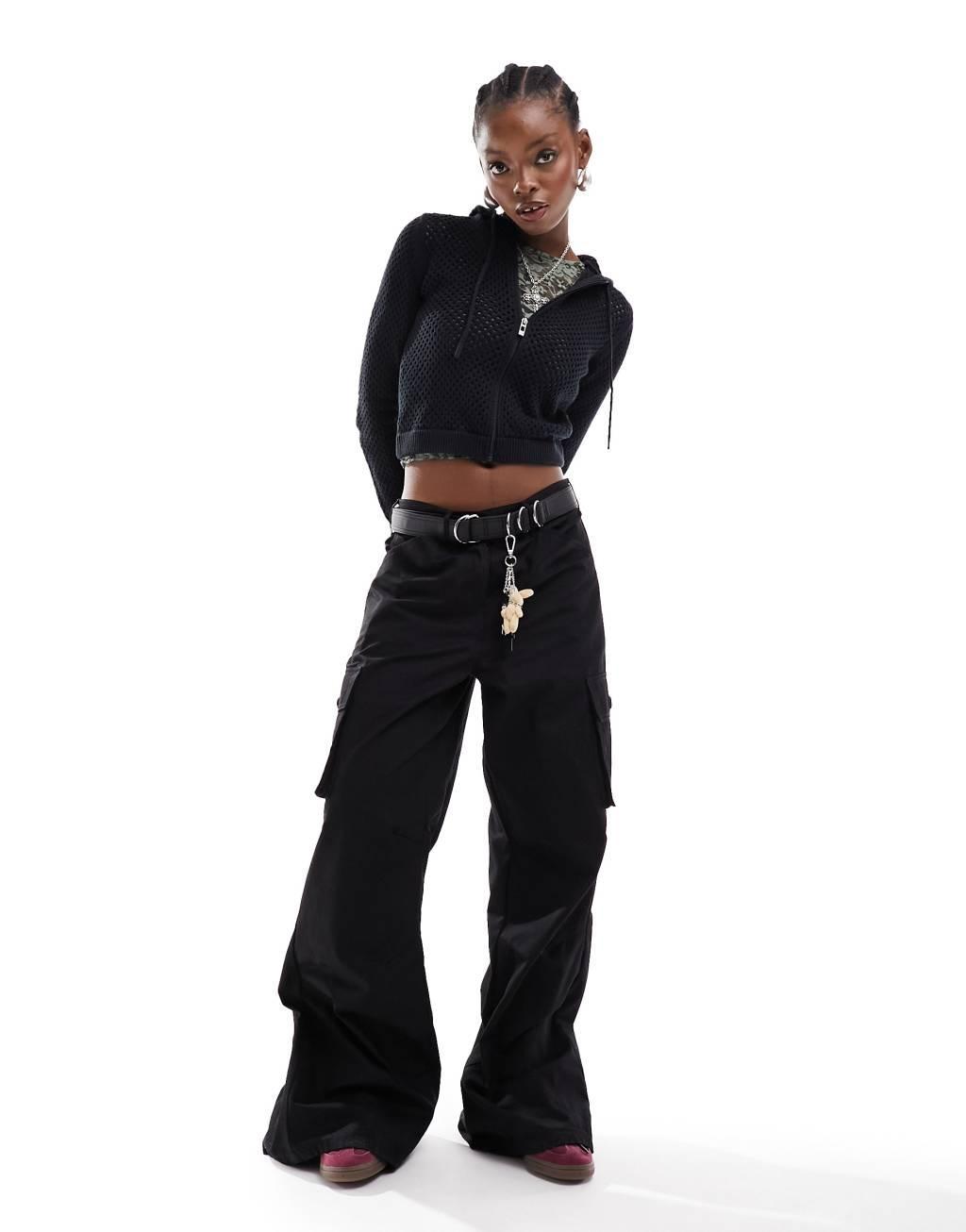 COLLUSION wide leg utility pants with button hem-Black Product Image