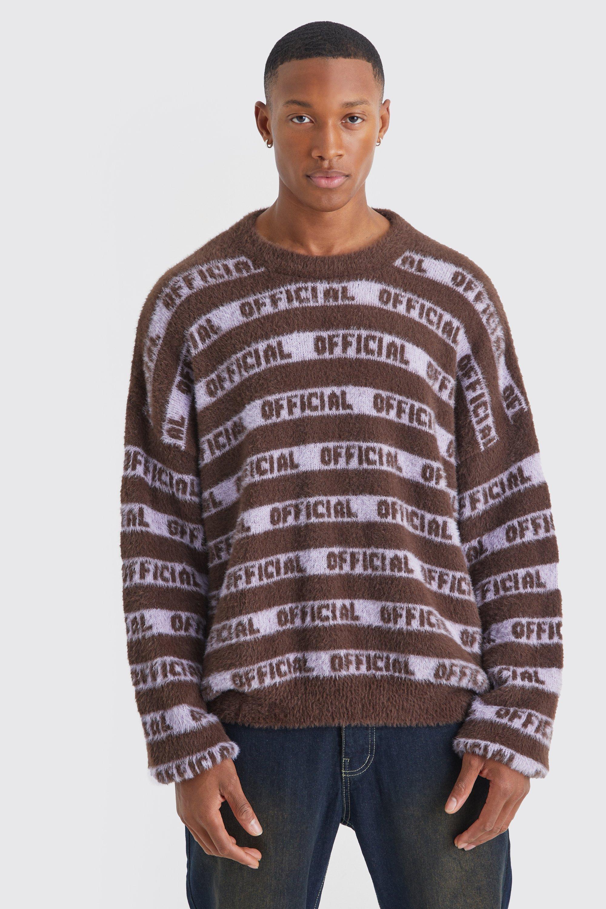 Oversized Fluffy Knitted Official Stripe Sweater | boohooMAN USA Product Image